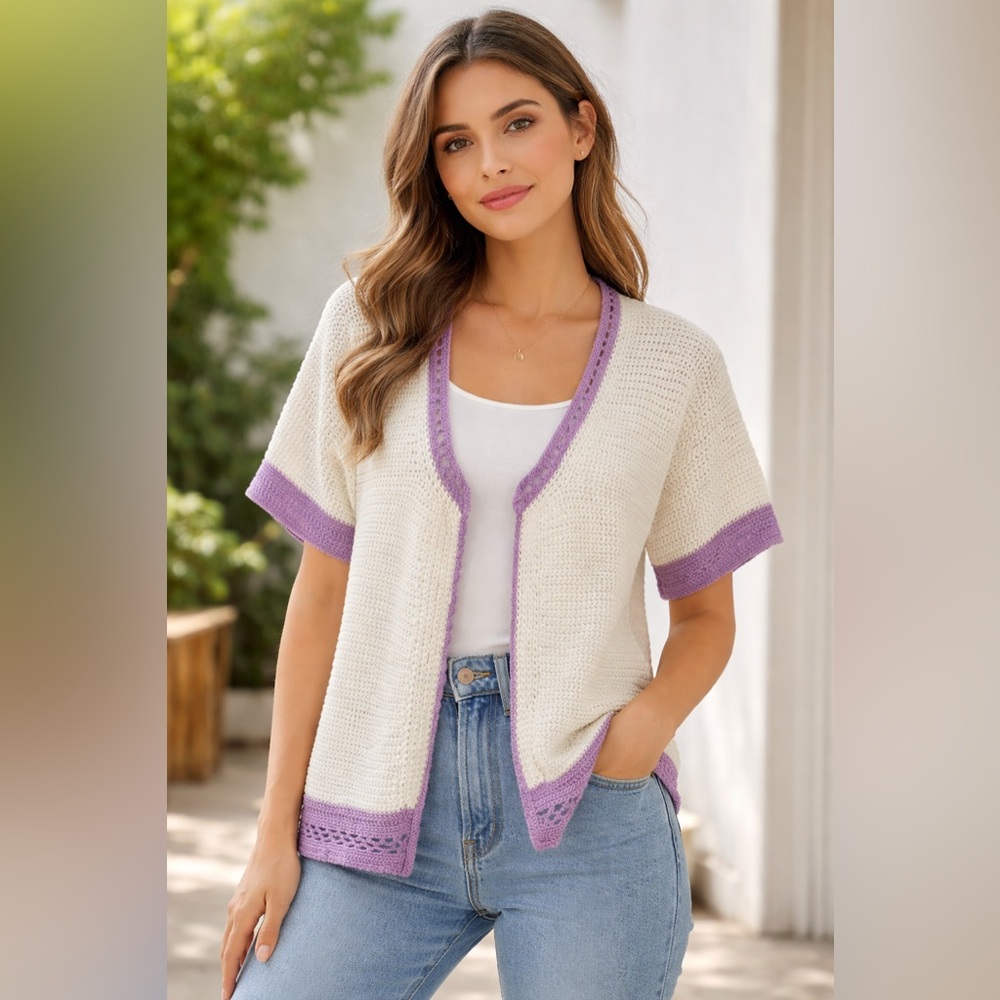 Soft White and Lavender Crochet Open Cardigan Sweater